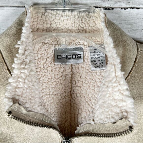 Chico's Sherpa Faux Suede Ecru Vest Zip Front Pockets 2 L/ 12-14 - Picture 4 of 8